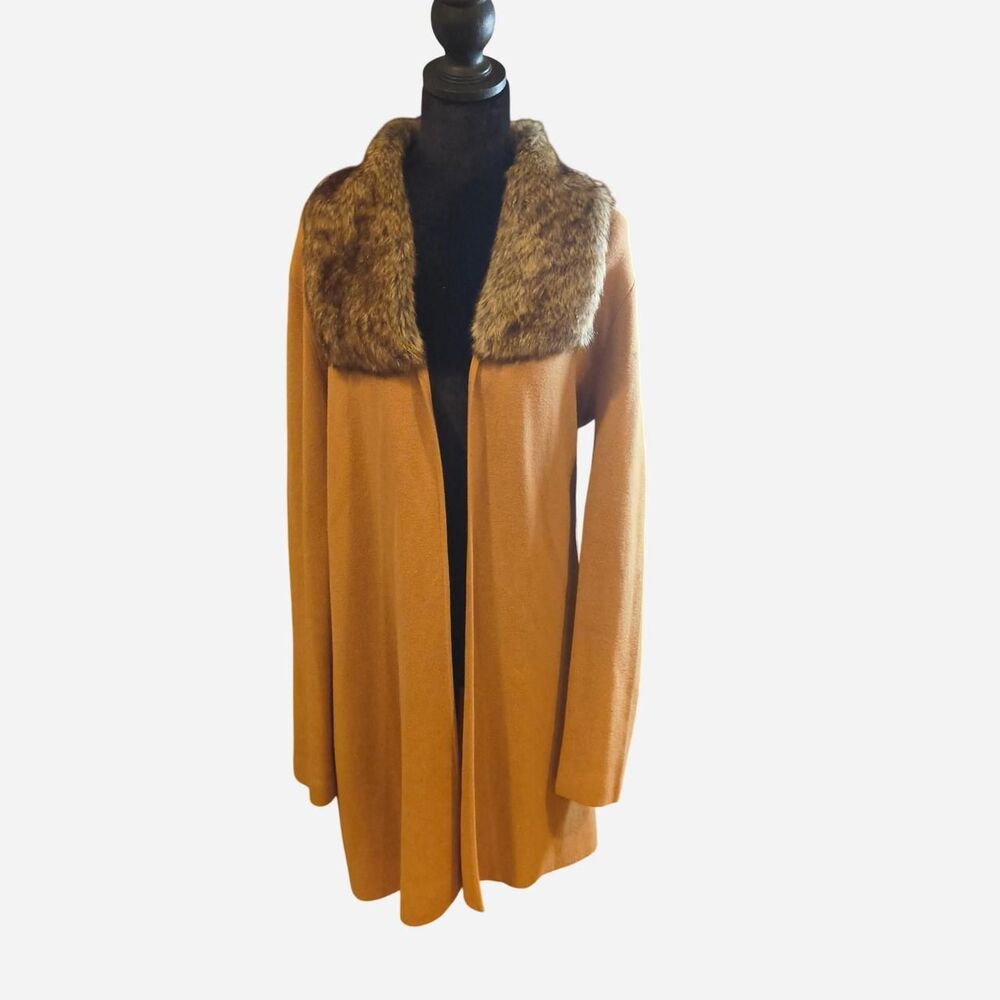 Kasper Womens M Camel Tan Faux Fur Collar Open Front Long Cardigan Duster